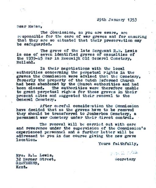 Letter with information about the relocation of Mr. Lewis' grave.
